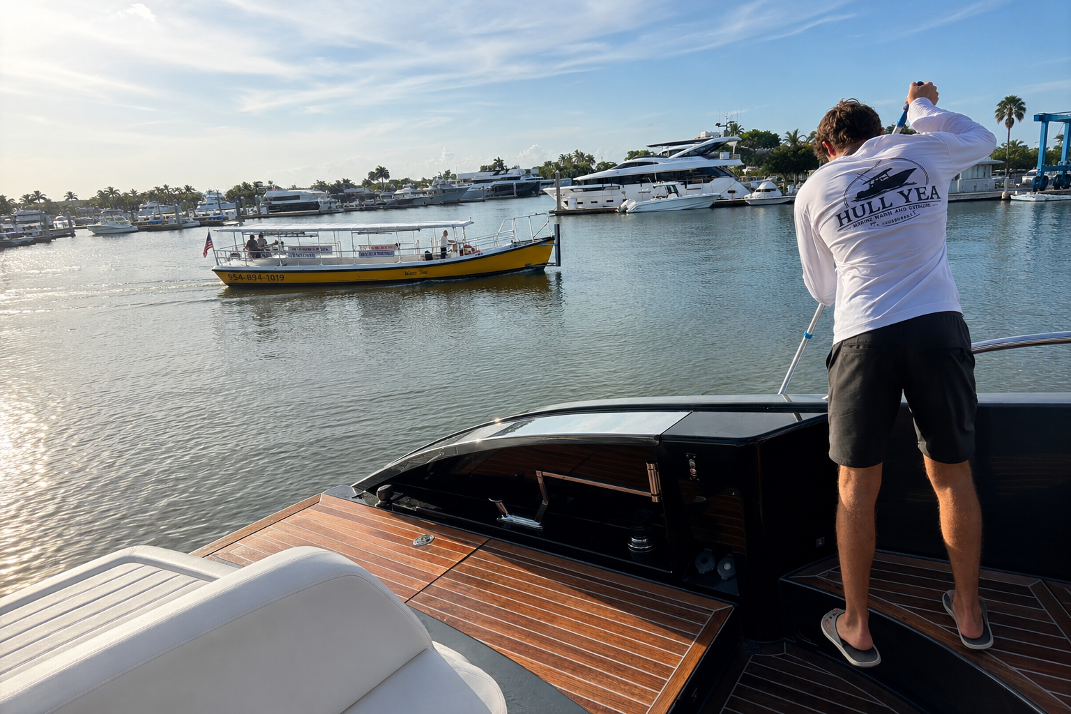 Yacht docked at Ft. Lauderdale marina at sunset